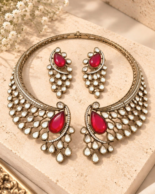 Aara Hasli-style jewelry set with red doublet stone and matching earrings