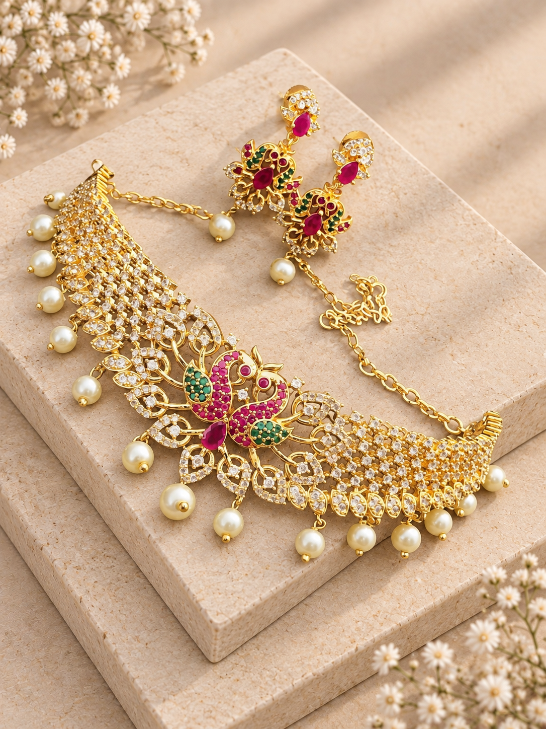 Hiranya gold-tone choker and matching earrings with clear stones and pearl drops on beige square stones.
