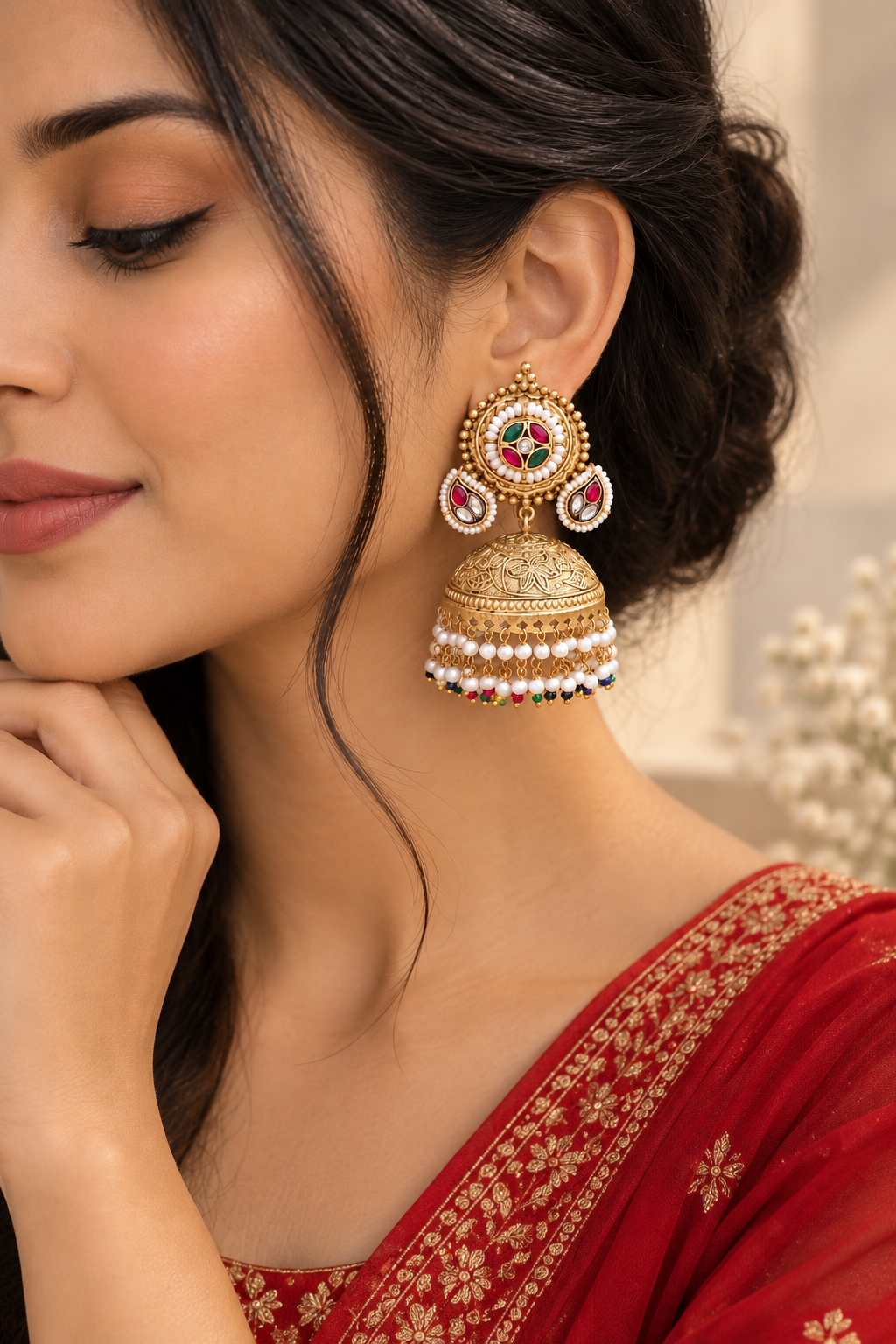 Model wearing lightweight gold plated Pachi Kundan jhumka with red festive outfit