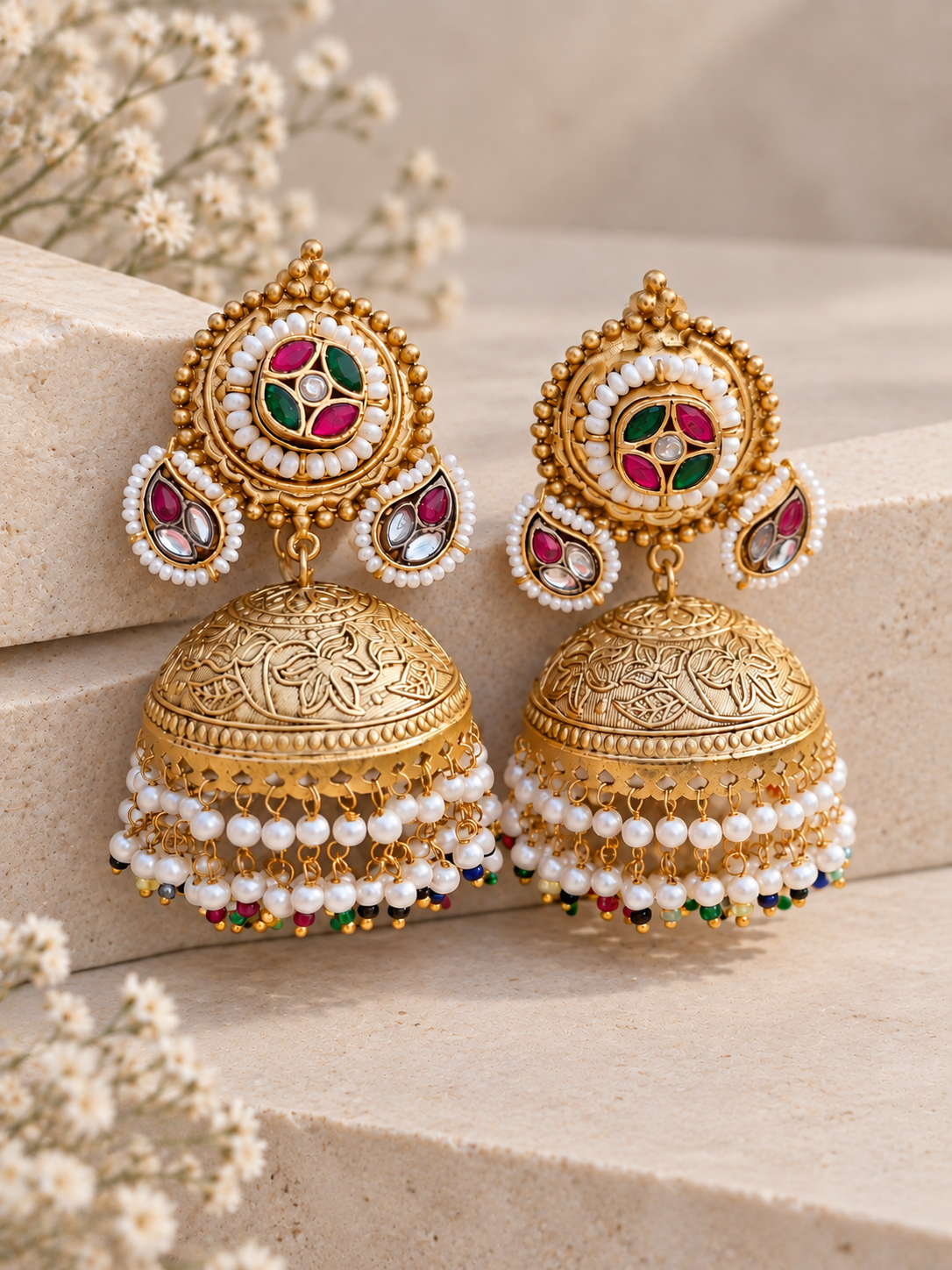 Lightweight gold plated Pachi Kundan jhumka with small hanging pearls on beige stone background