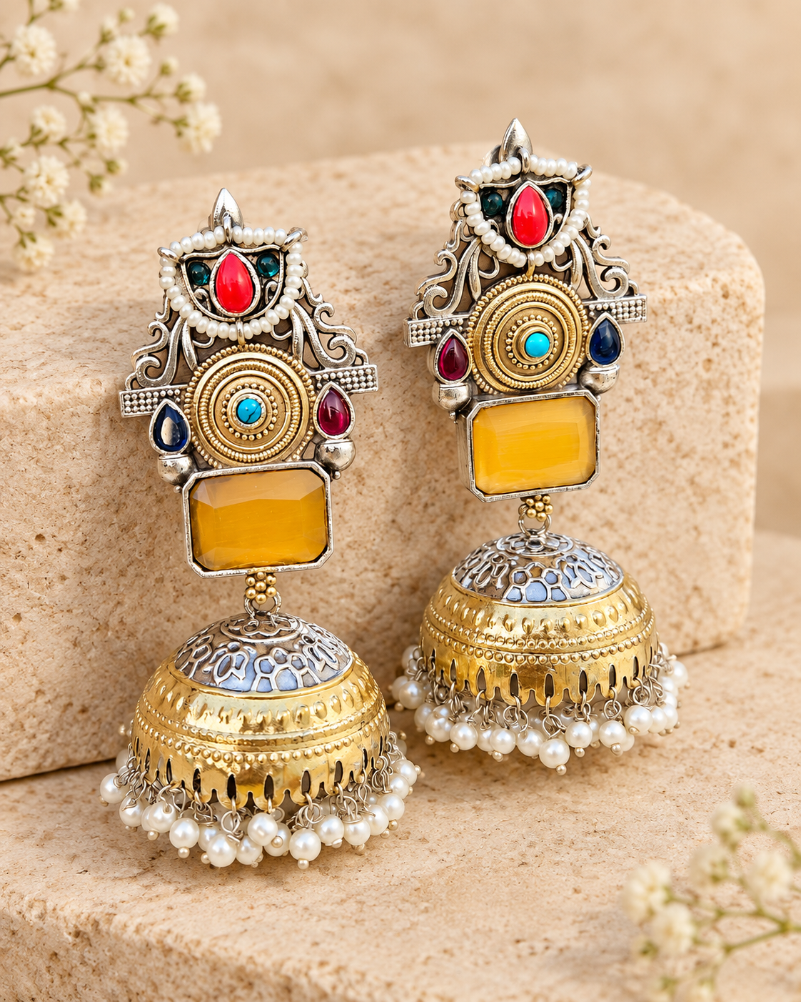 Yellow Mona Lisa stone lightweight jhumka earrings on beige stone background