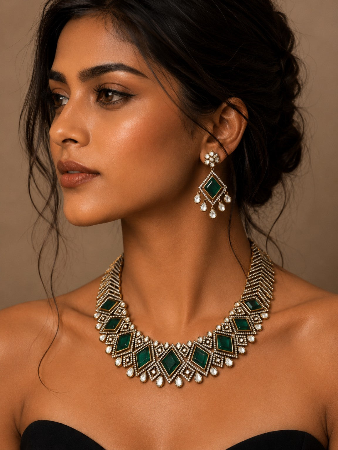 Model wearing mint green doublet stone and AD statement necklace set