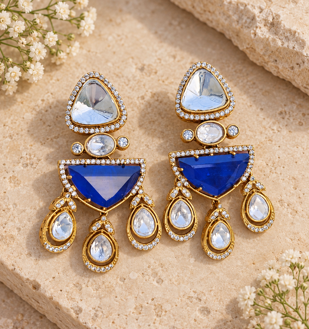 Blue doublet stone Moissanite Kundan Polki earrings with AD detailing on beige stone background