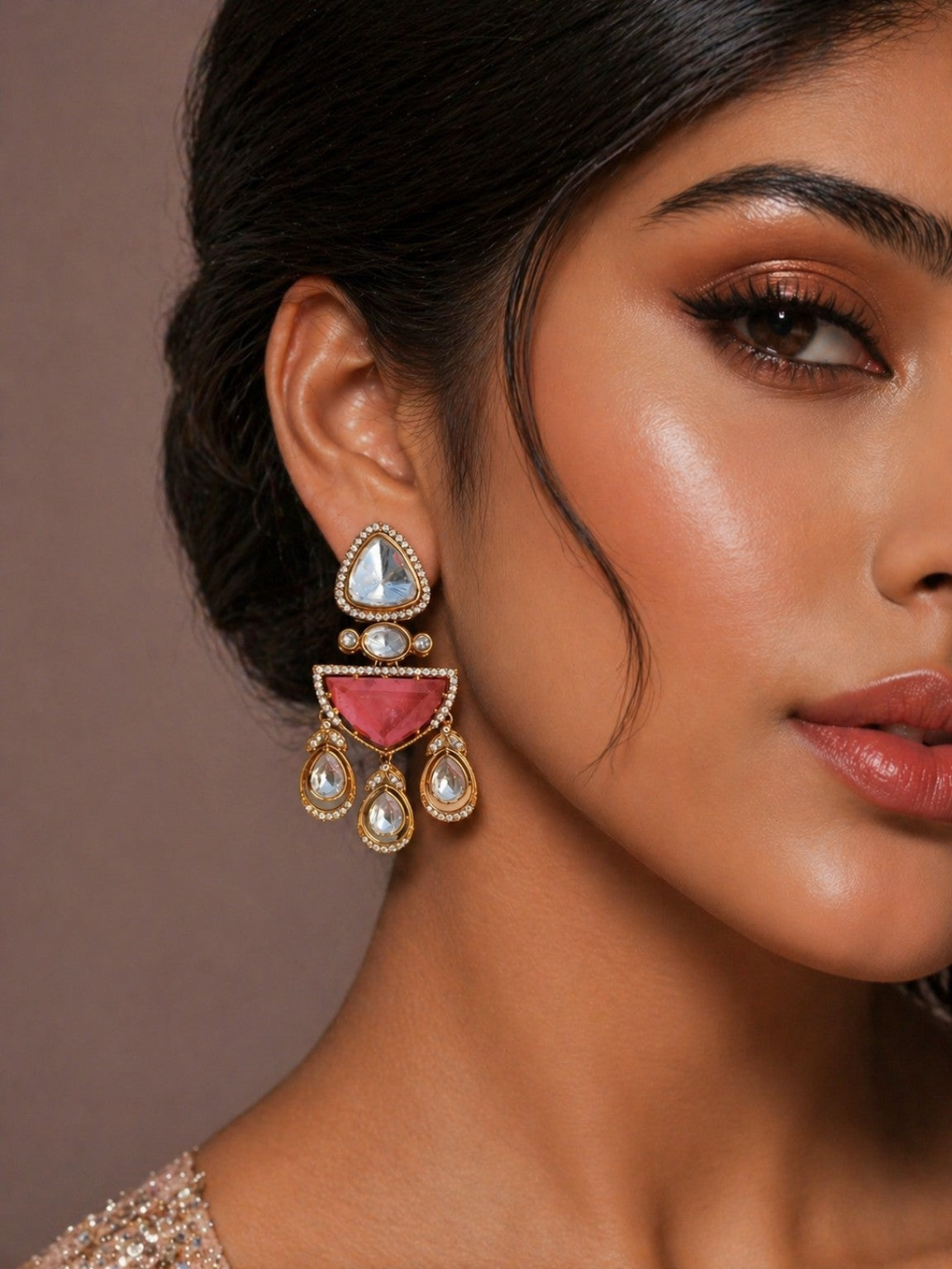 Model wearing pink doublet stone Moissanite Kundan Polki earrings with AD detailing