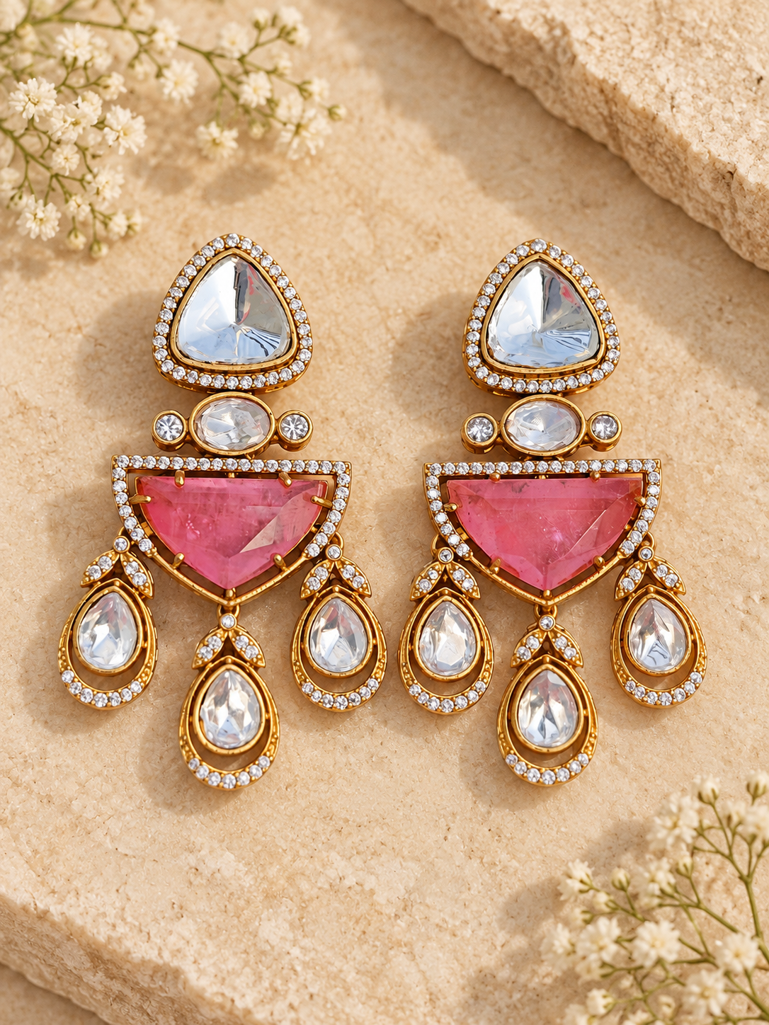 Pink doublet stone Moissanite Kundan Polki earrings with AD detailing on beige stone background