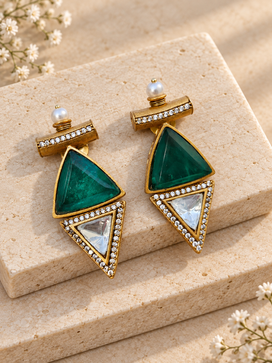 Moissanite Polki Kundan with Doublet Stone Triangular Earrings, Green colour, on beige square stone with small white flowers.