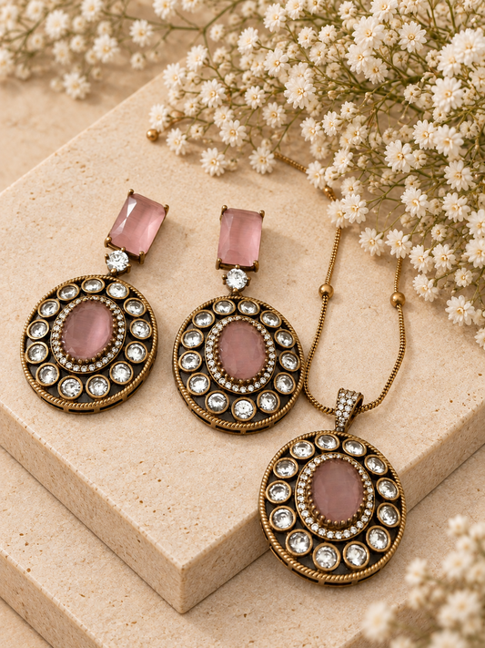 Moissanite Polki Pendant Set, Pink colour, on beige square stone with small white flowers.