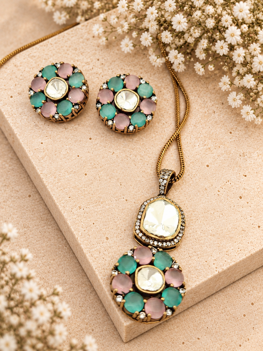 Moissanite Polki with AD Floral Pendant Set, Multicolor colour, on beige square stone with small white flowers.