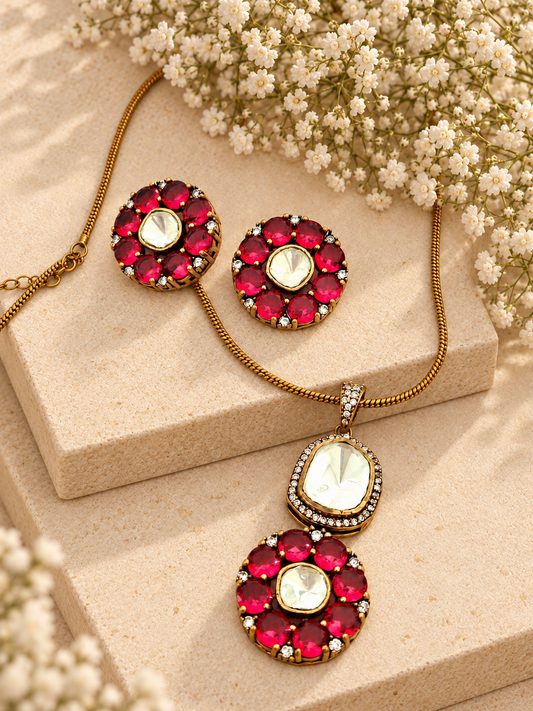Moissanite Polki with AD Floral Pendant Set, Ruby Red colour, on beige square stone with small white flowers.