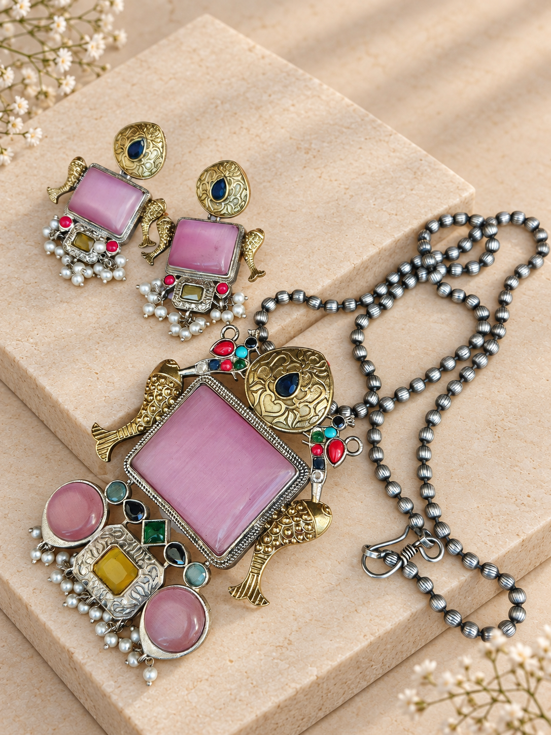Dual-Tone Monalisa Stone Fish Pendant Set, Pink colour, on beige square stone with small white flowers.