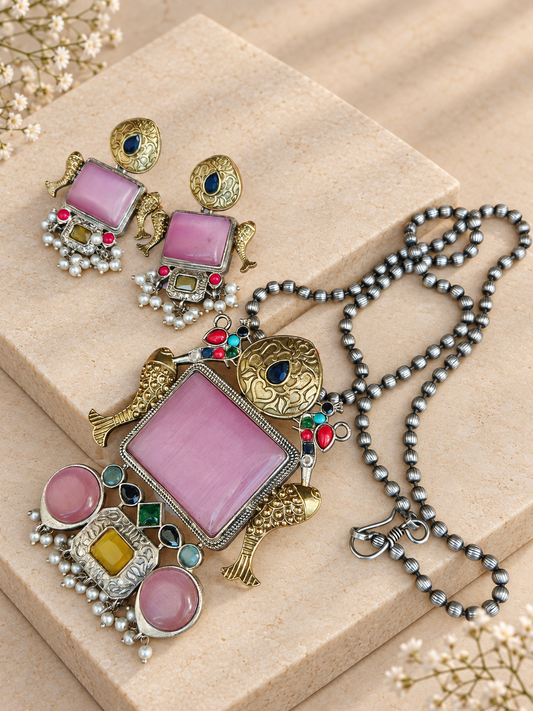 Dual-Tone Monalisa Stone Fish Pendant Set, Pink colour, on beige square stone with small white flowers.