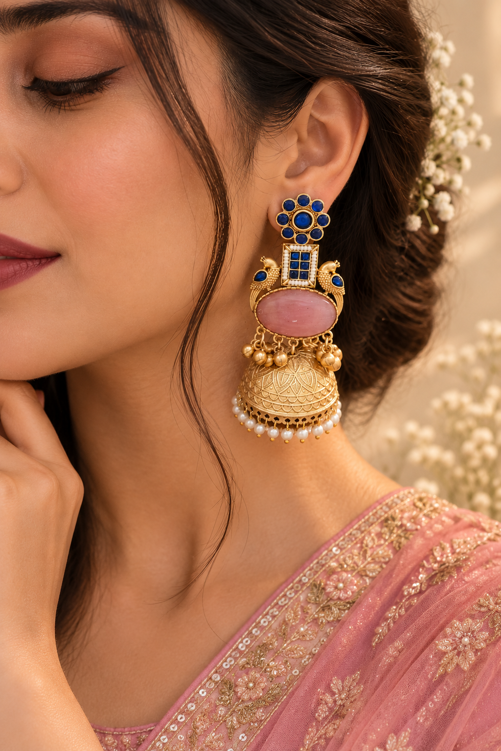 Model wearing lightweight Monalisa stone jhumka with pink festive outfit
