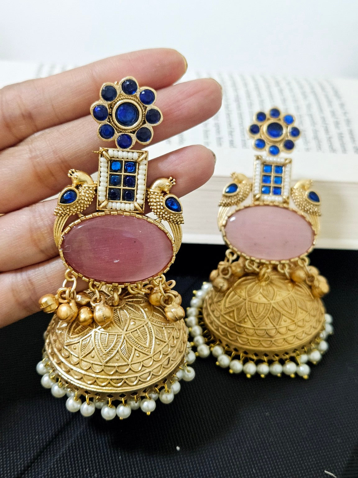 Original natural product photo of lightweight Monalisa stone jhumka with blue and pink stones