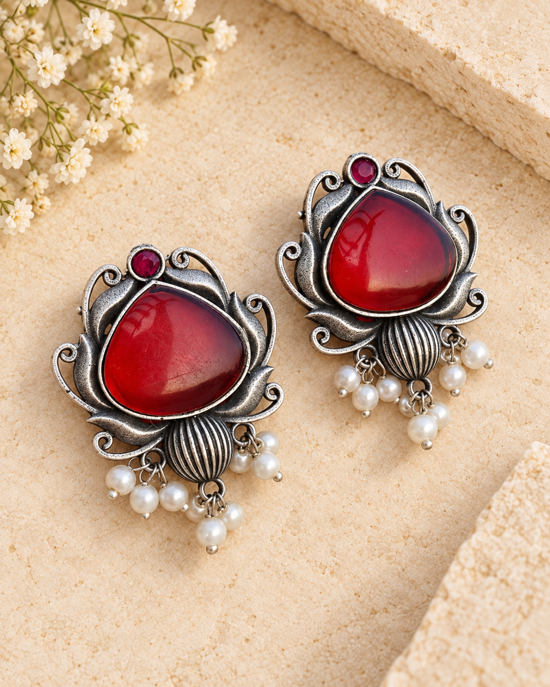 Red Mona Lisa stone oxidized silver lookalike brass earrings with pearl hangings