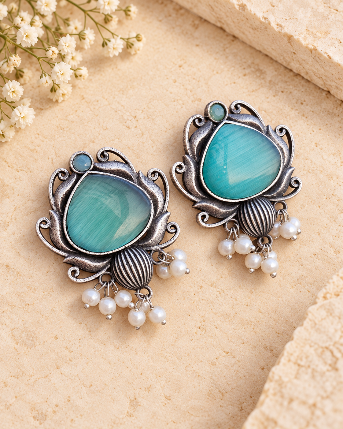Turquoise Mona Lisa stone oxidized silver lookalike brass earrings with pearl hangings