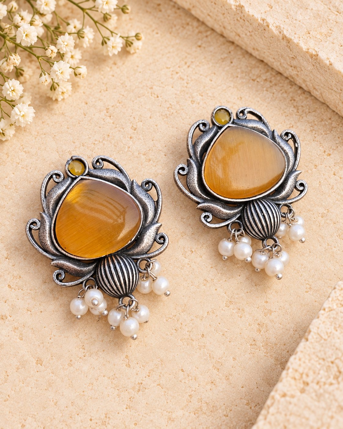 Yellow Mona Lisa stone oxidized silver lookalike brass earrings with pearl hangings