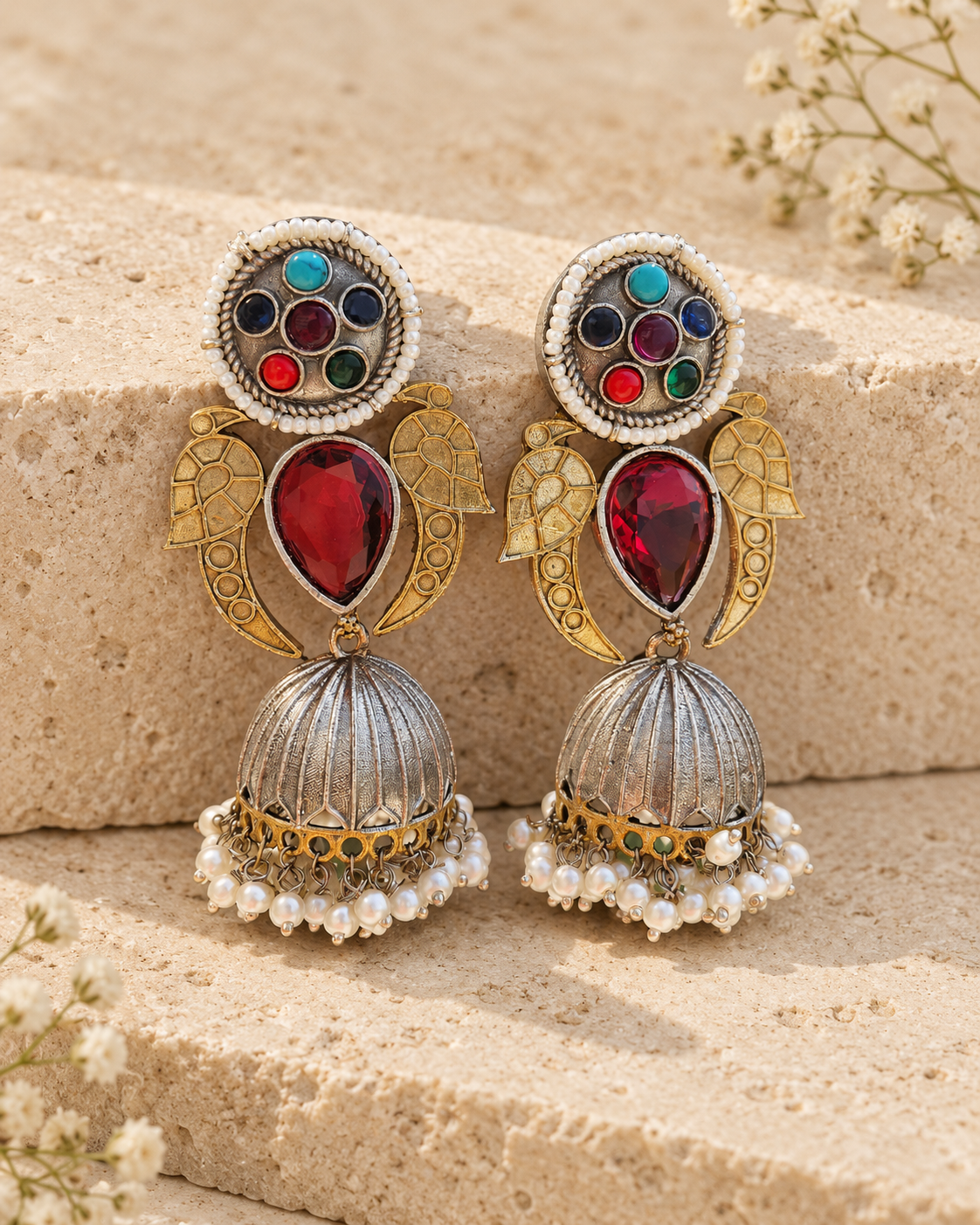 Multicolor dual tone statement jhumka earrings on beige stone background