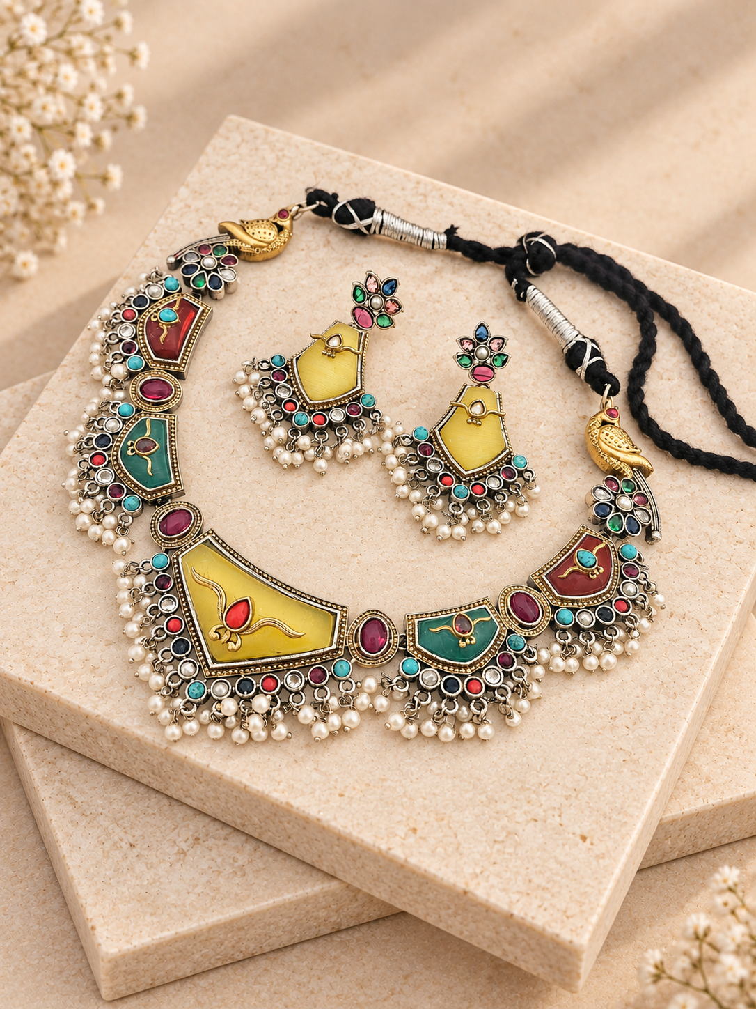 Multicolour Monalisa necklace and matching yellow-stone earrings with bead fringes on two beige square stone slabs.