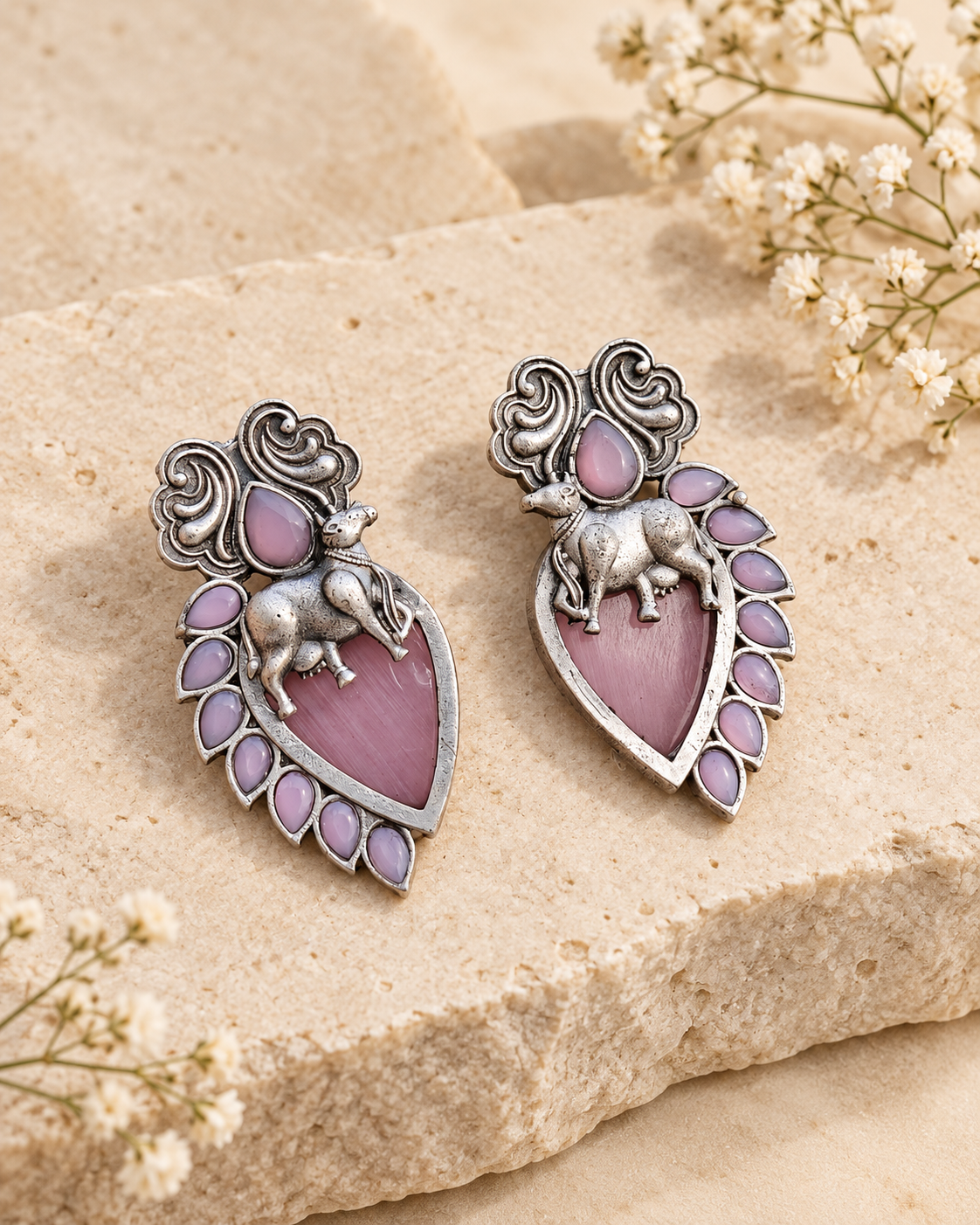 Mauve Nandi silver lookalike earrings with Mona Lisa stone on beige stone background