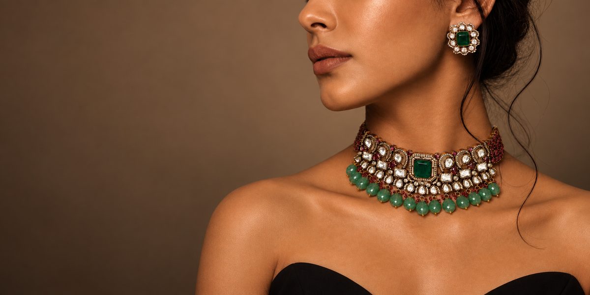 Model wearing Aara green-stone Kundan choker and earrings