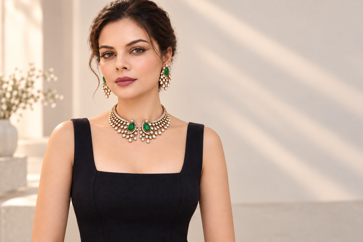 Model wearing a black dress with Aara green-stone necklace and matching earrings