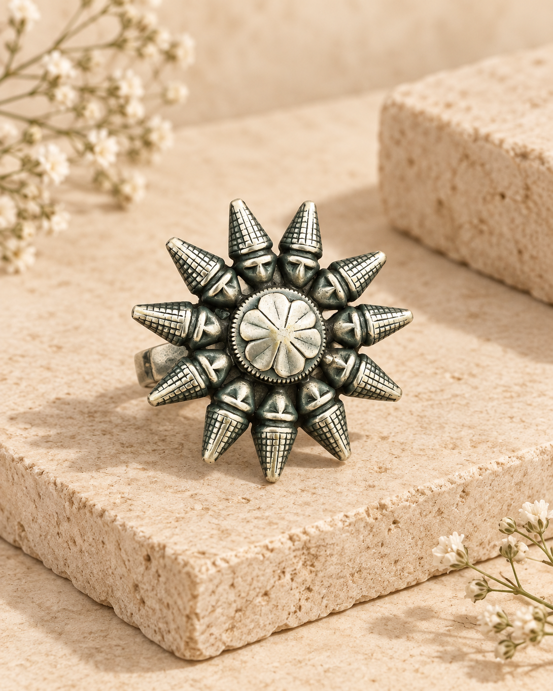 Oxidized silver lookalike brass sunburst ring on beige stone background