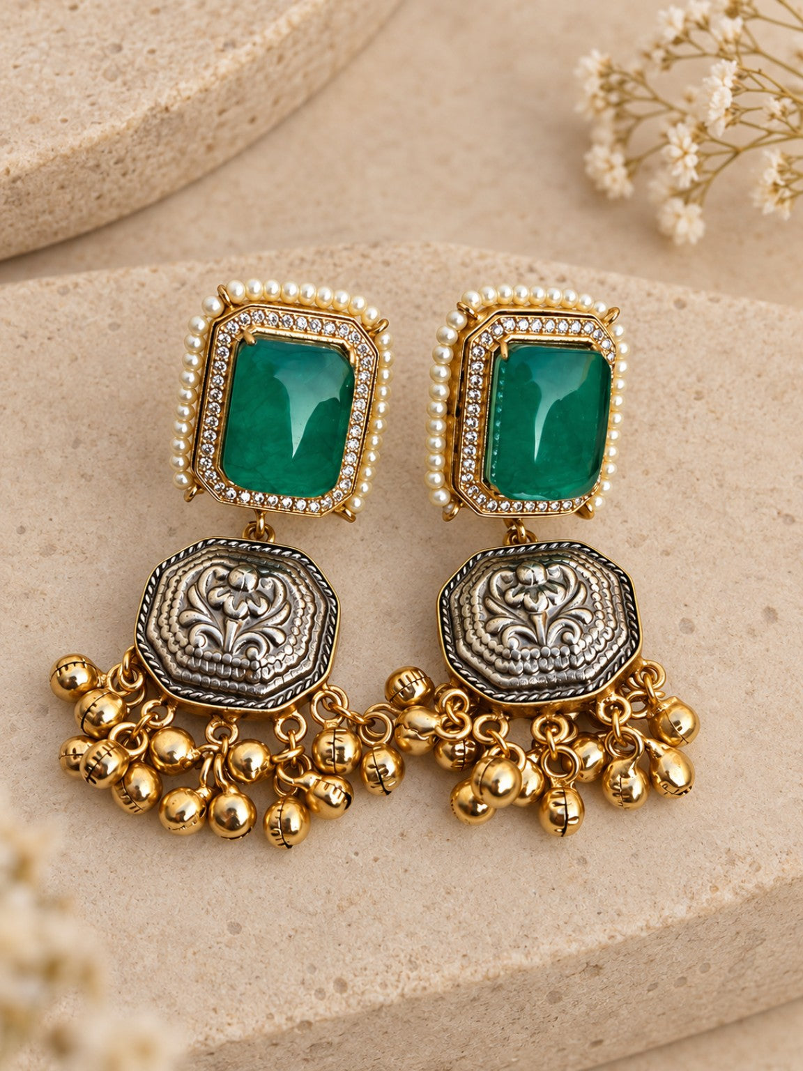 Green Pachi Kundan doublet stone matching earrings with 92.5 silver plating and gold dust finish