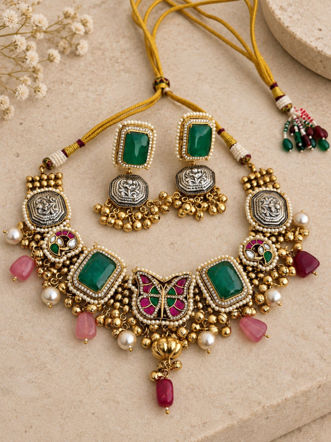 Green Pachi Kundan doublet stone necklace set with natural stone drops and adjustable rope