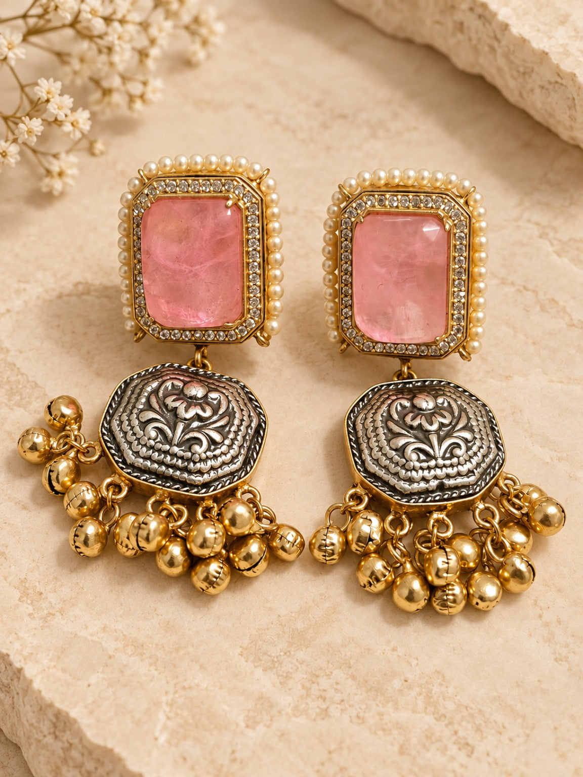 Pink Pachi Kundan doublet stone matching earrings with 92.5 silver plating and gold dust finish