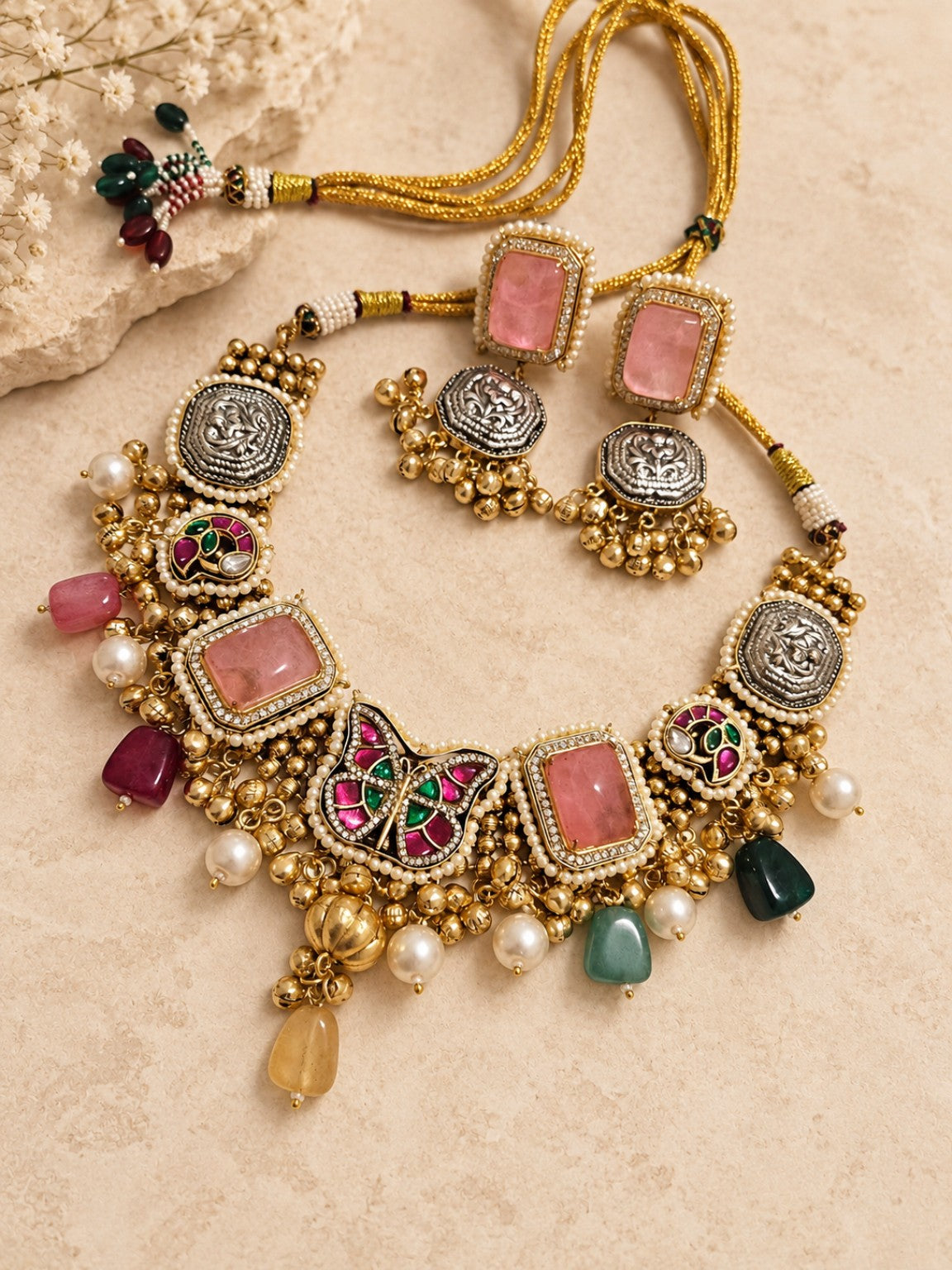 Pink Pachi Kundan doublet stone necklace set with natural stone drops and adjustable rope