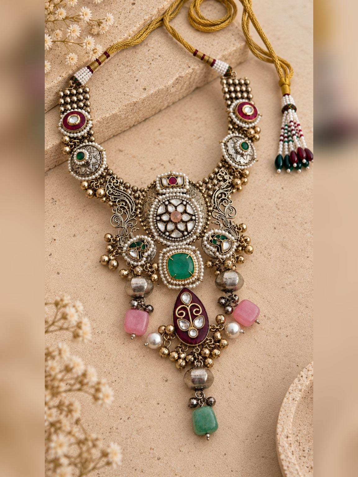 Pachi Kundan doublet stone statement necklace with real stones on beige stone background