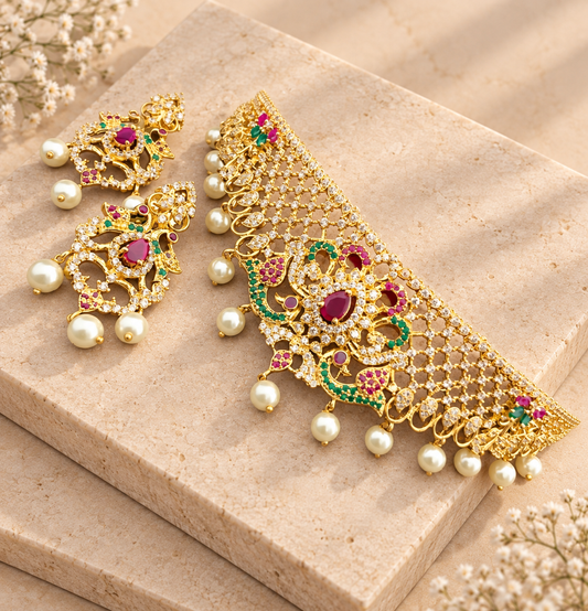 Gold-tone peacock choker with red and green accents, pearl drops and matching earrings on beige square stones.