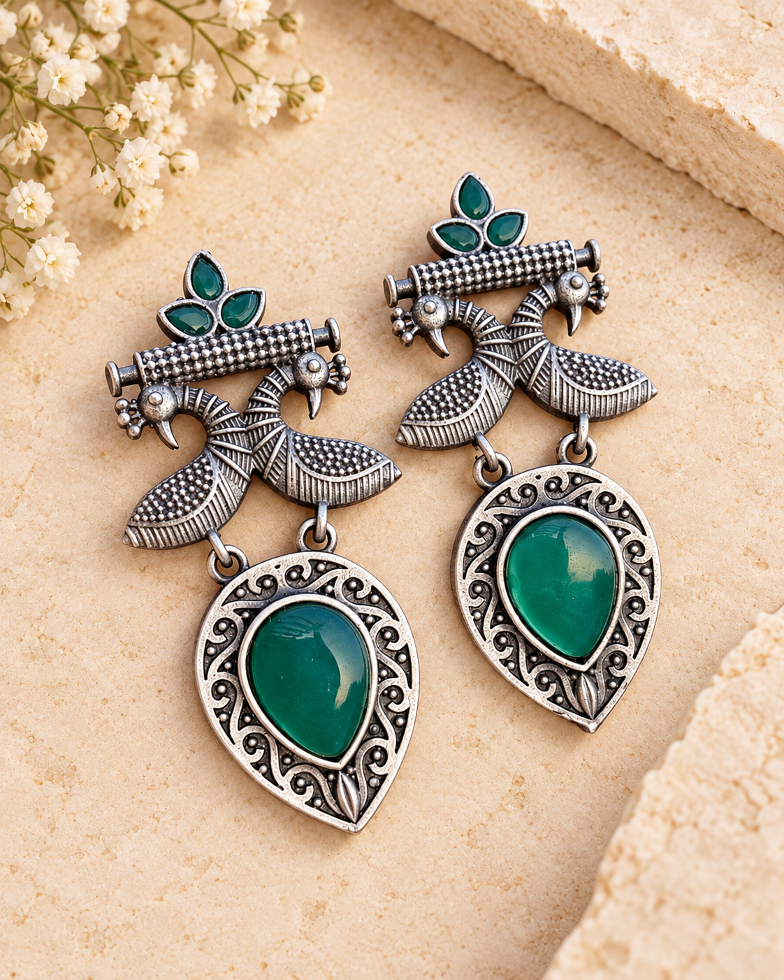 Green Mona Lisa stone peacock silver lookalike brass earrings