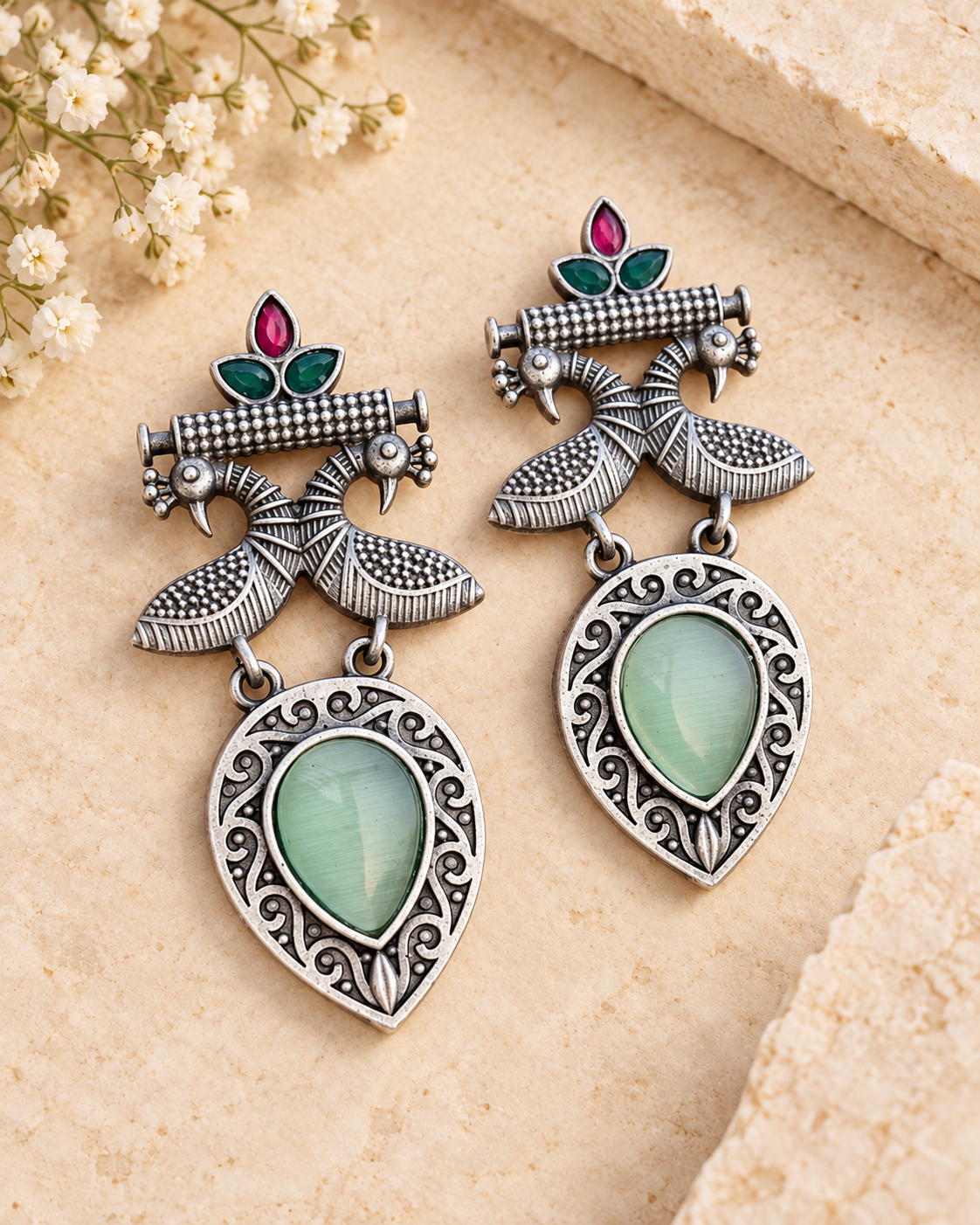 Mint Mona Lisa stone peacock silver lookalike brass earrings