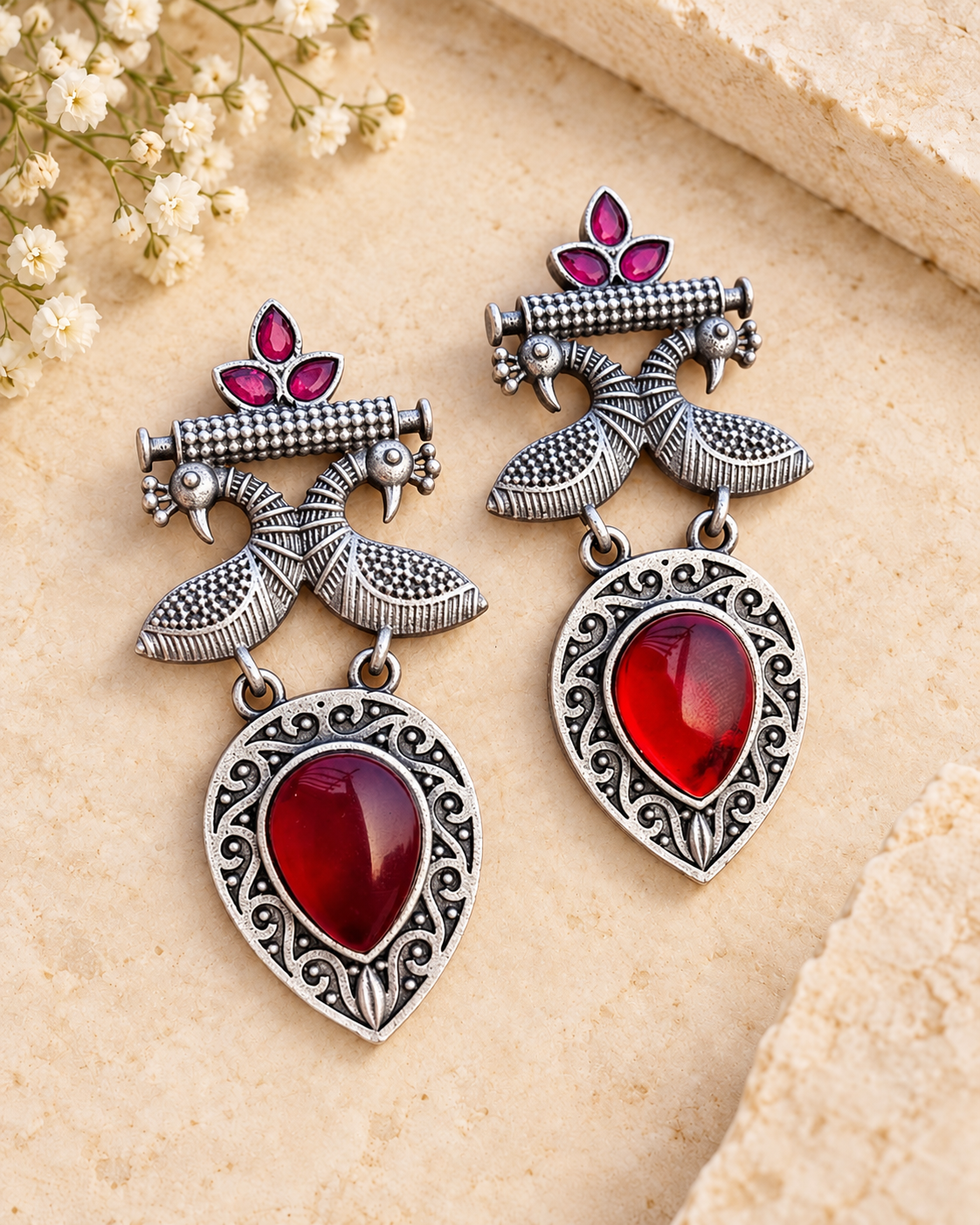 Red Mona Lisa stone peacock silver lookalike brass earrings