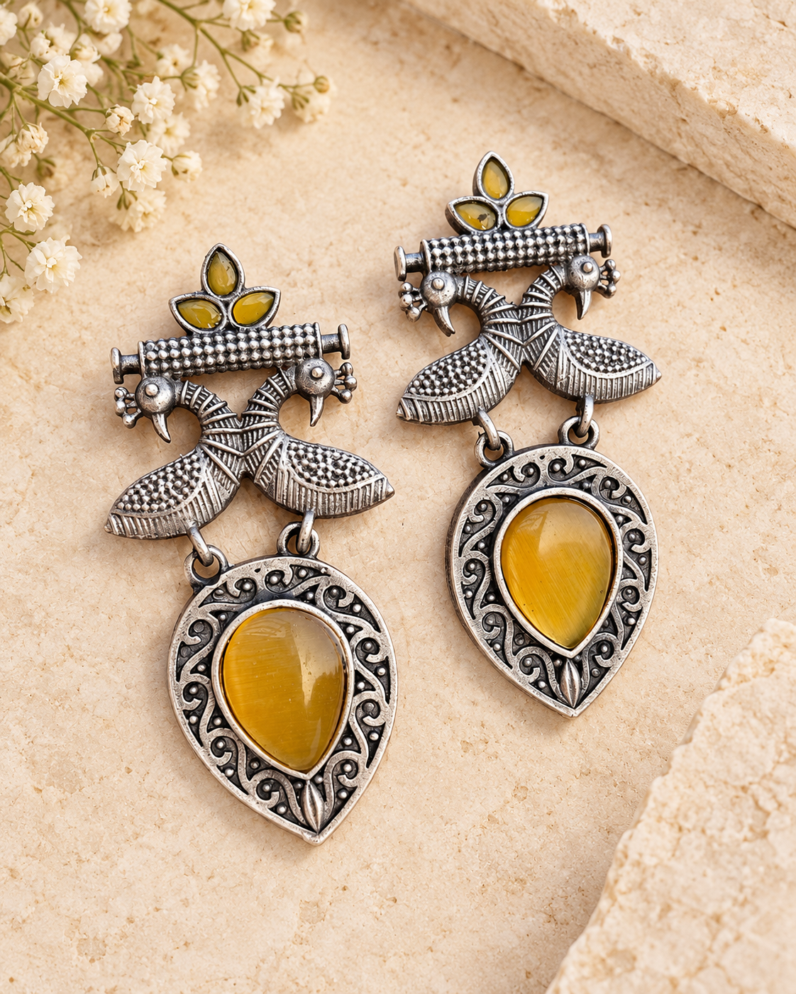 Yellow Mona Lisa stone peacock silver lookalike brass earrings