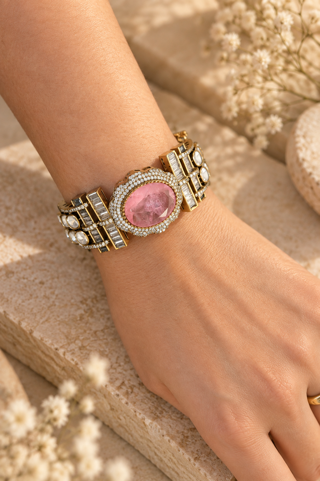 Aara pink doublet Kundan AD openable kada worn on wrist