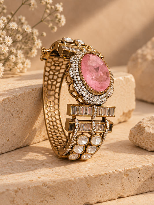 Pink doublet stone openable kada with Kundan and American Diamond AD work in antique gold plating