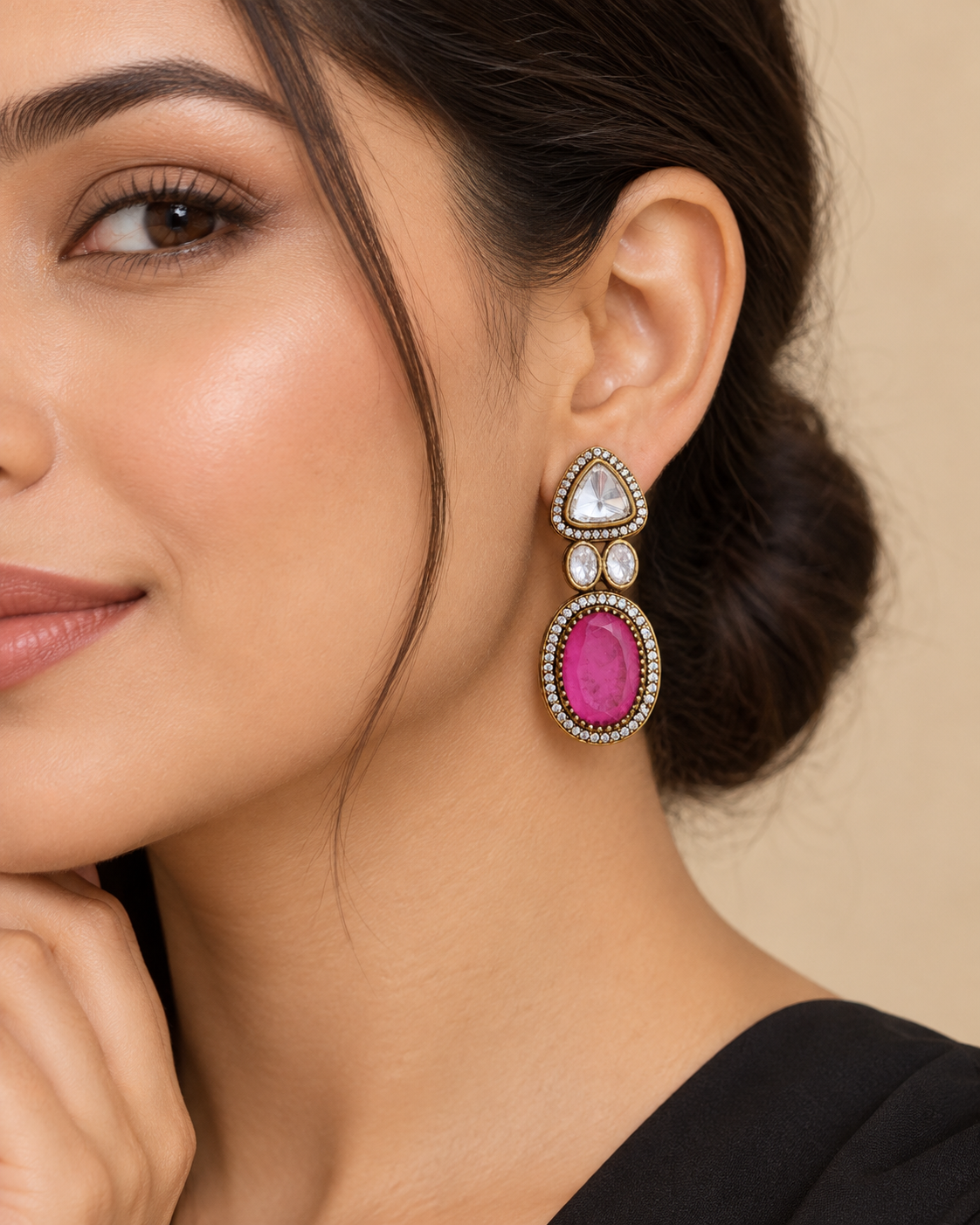 Model wearing pink Moissanite Polki Kundan doublet stone earrings with antique gold finish