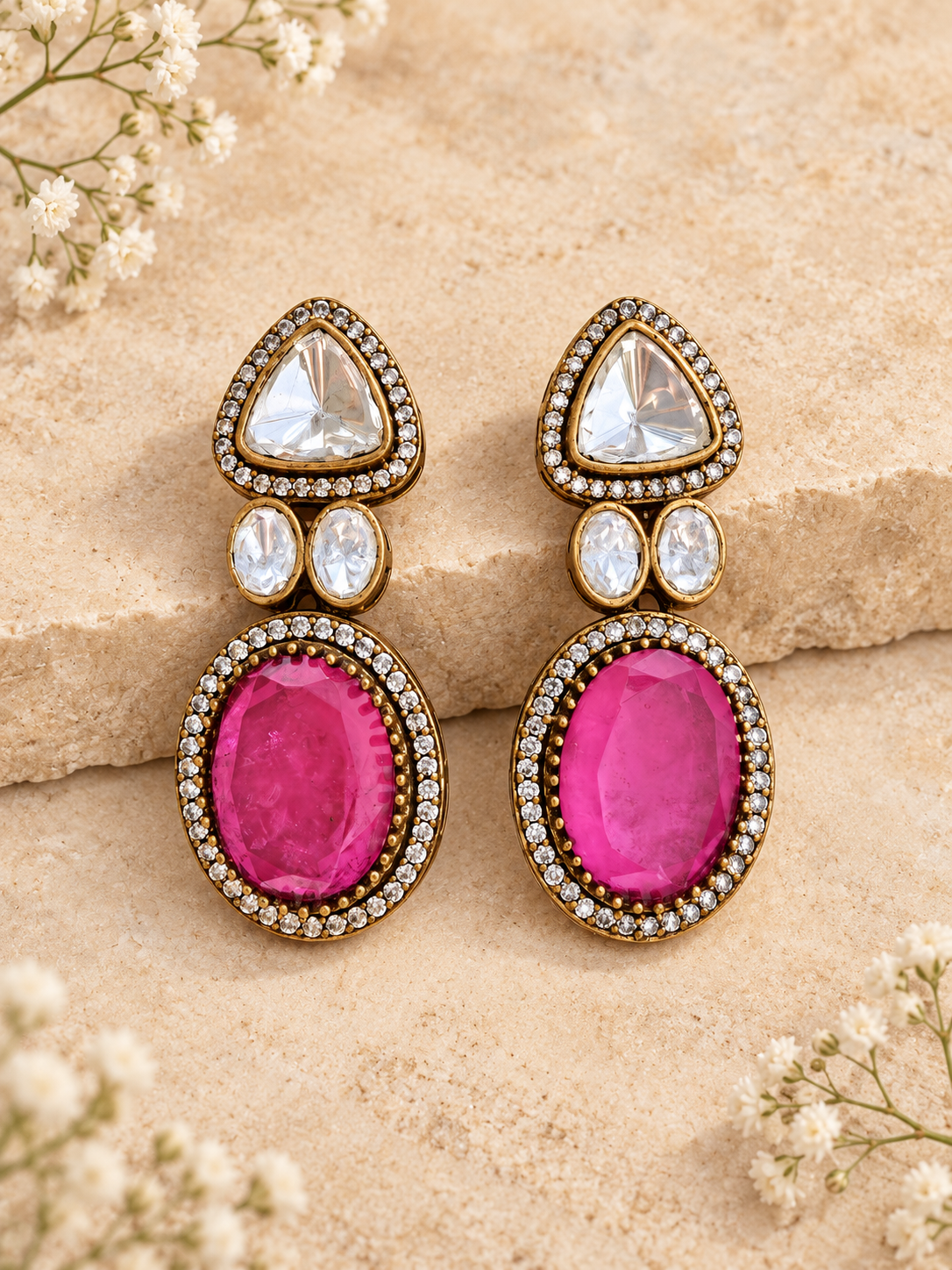 Pink Moissanite Polki Kundan doublet stone earrings with AD detailing and antique gold finish on beige stone background