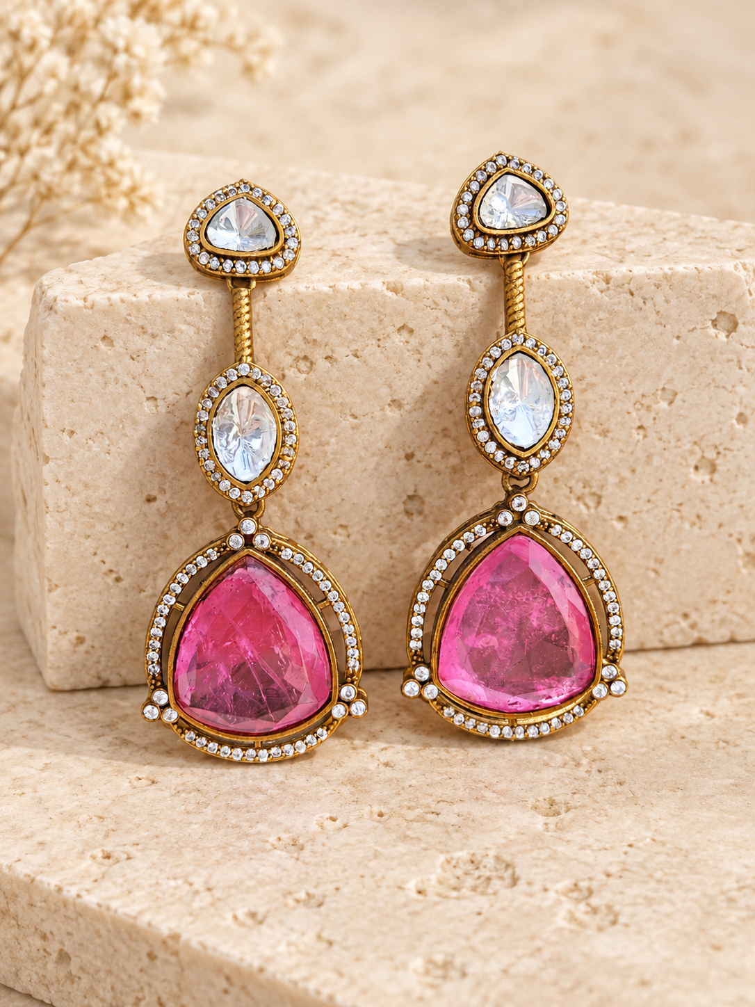 Pink Moissanite Polki Kundan doublet stone earrings with AD detailing