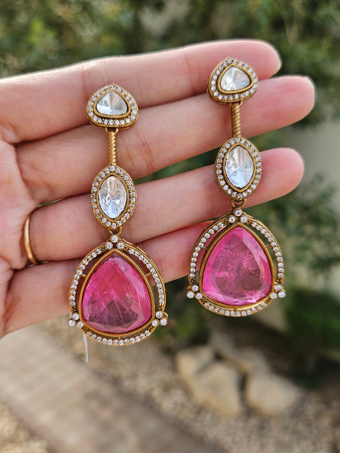 Pink Moissanite Polki Kundan doublet stone earrings in natural daylight