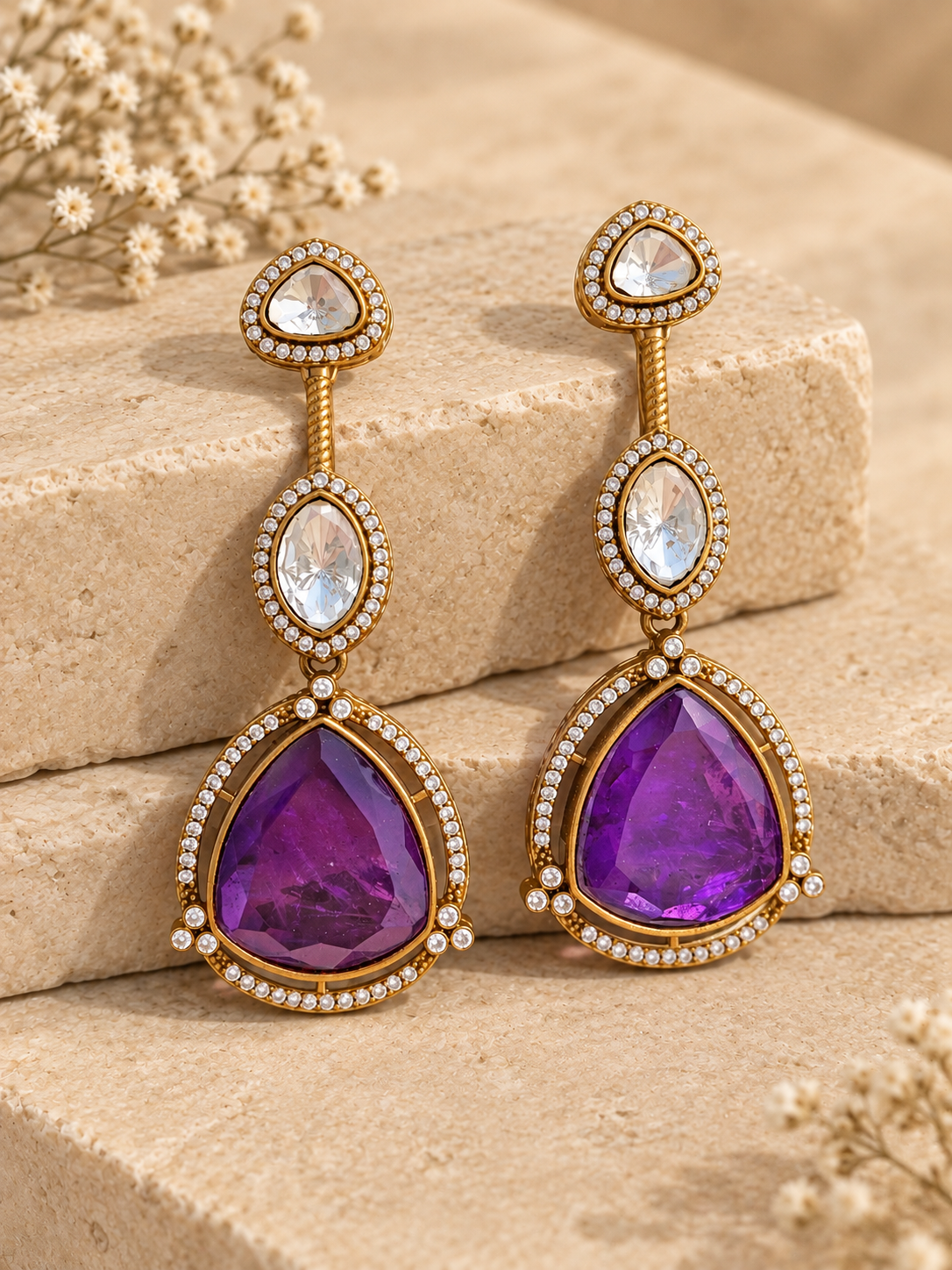 Purple Moissanite Polki Kundan doublet stone earrings with AD detailing