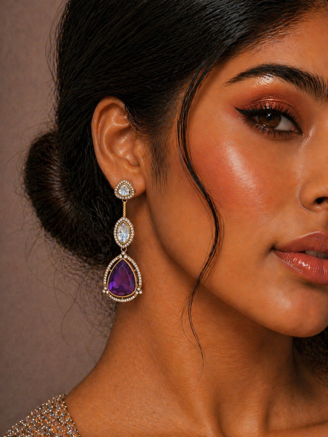Model wearing purple Moissanite Polki Kundan doublet stone earrings