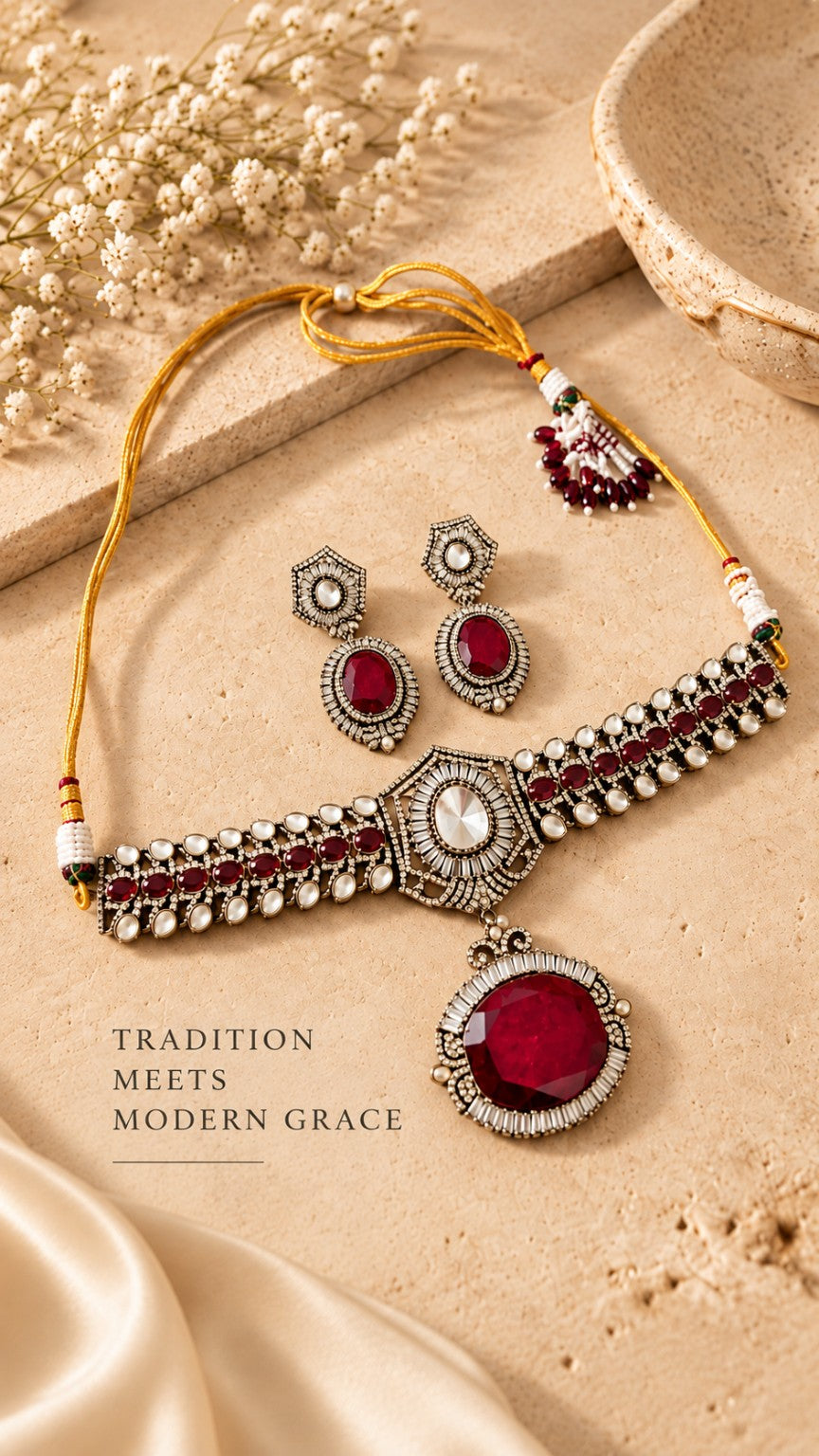 Aara red Moissanite pendant doublet and Pota stone choker necklace with matching earrings