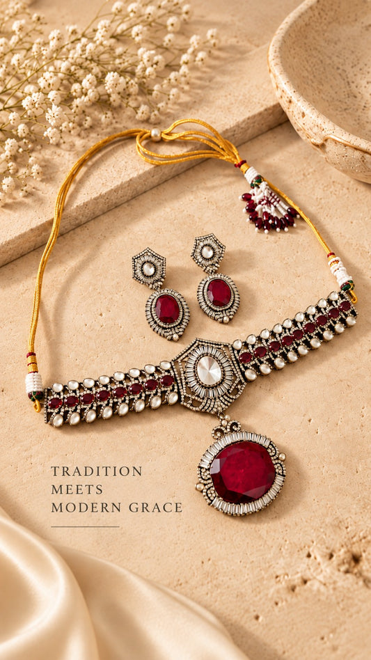 Aara red Moissanite pendant doublet and Pota stone choker necklace with matching earrings