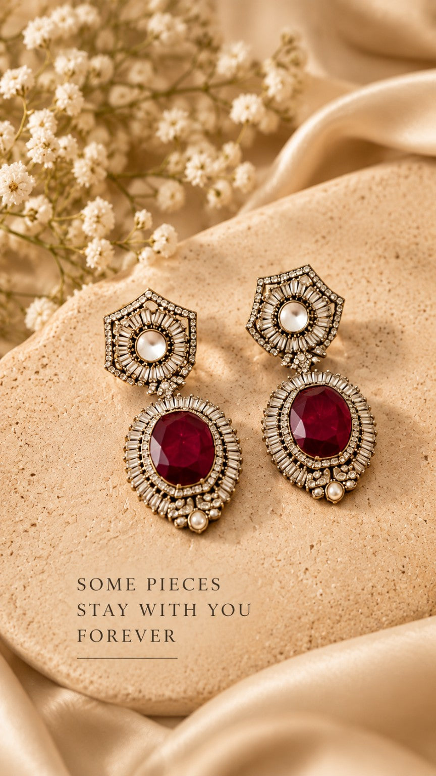 Close-up of matching red doublet stone earrings from Aara choker set