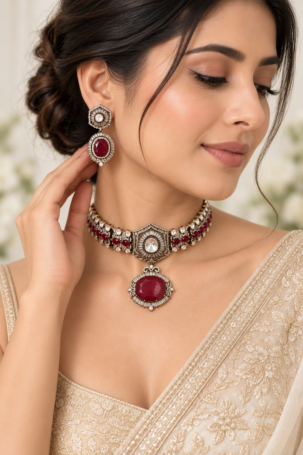 Model wearing Aara red Moissanite pendant doublet and Pota stone choker set