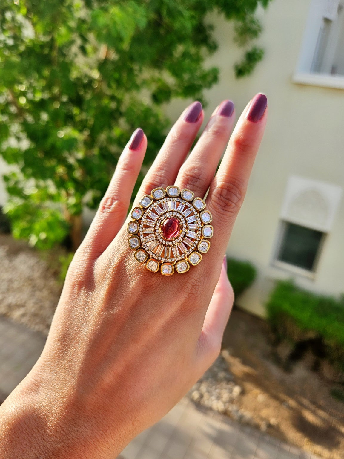 Red Moissanite Polki Kundan adjustable ring in natural daylight