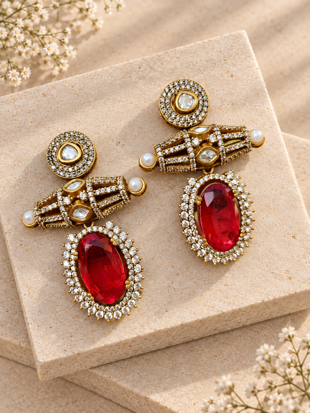 Red oval drop earrings with clear-stone studs, open gold-tone bars and small side pearls on beige square stones.